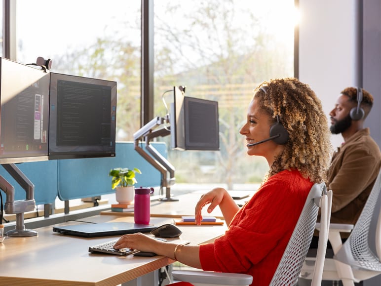 video call conducted at a desk in the office